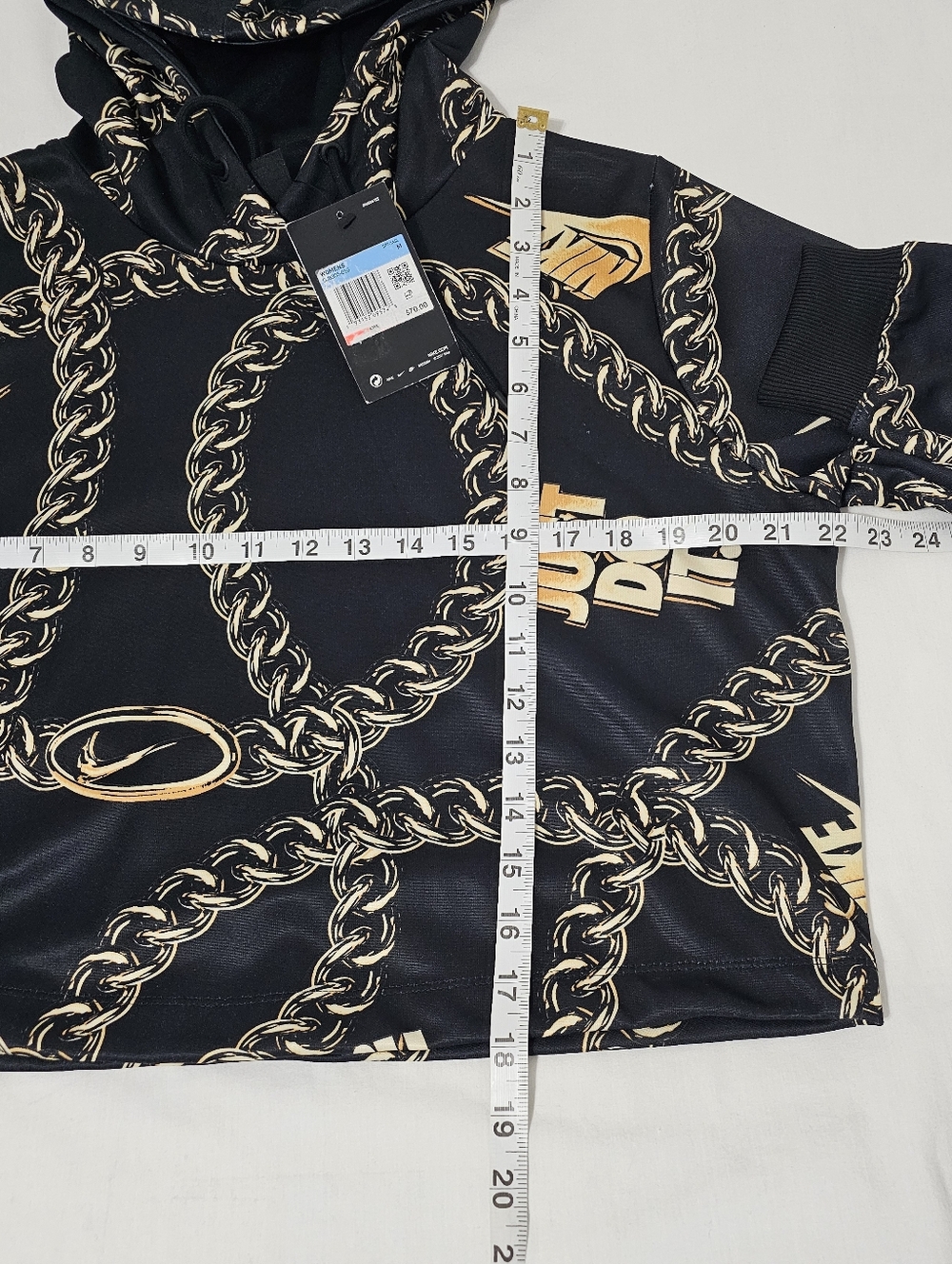 Nike Just Do It Chain Print Cropped Hoodie NWT Women’s M Black Gold Loose Fit - Picture 7 of 9